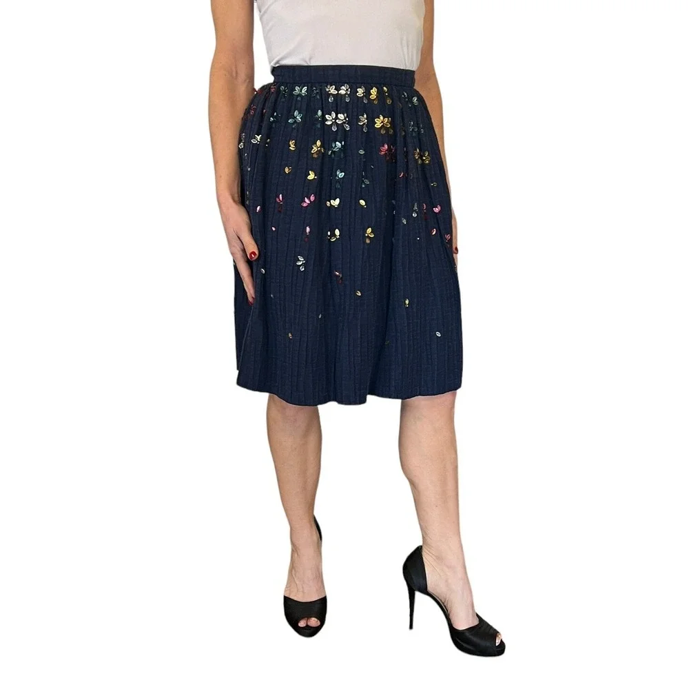 OSCAR DE LA RENTA WOMENS NAVY SILK RIBBED EMBELLISHED BEADED SKIRT SZ 0 NWT $350